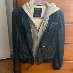 Obey Black Leather Jacket with sweatshirt lining